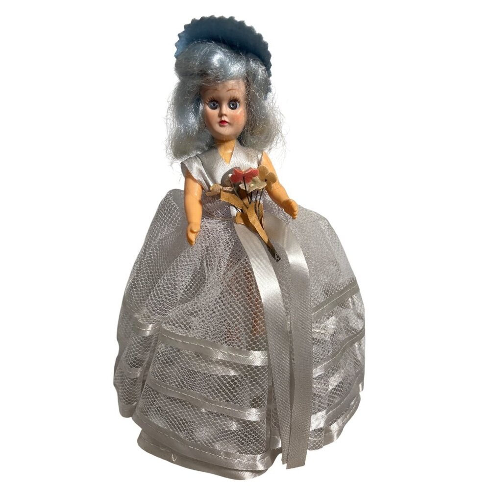 A & H Doll Blue Hair Sleepy Eyes in Clear Plastic Dome 6.5" Sleepy Eyes 1950's